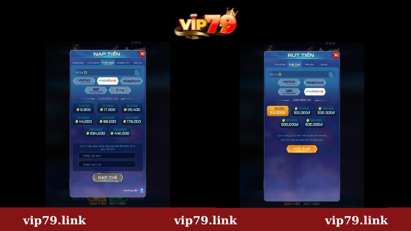 Nạp rút tiền qua thẻ cào Mobifone tại Vip79