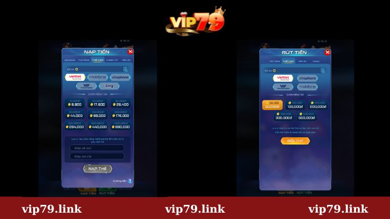 Cách nạp rút tiền Vip79 qua thẻ cào Viettel