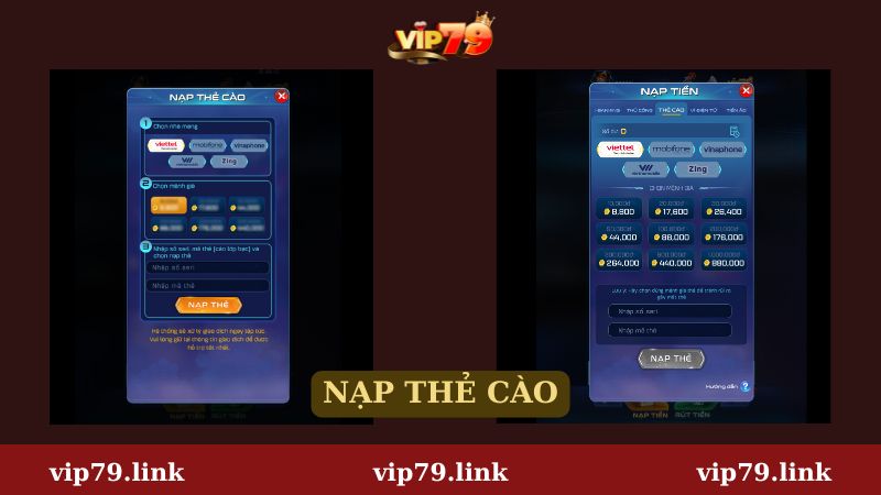 Nạp Vip79 bằng thẻ cào điện thoại