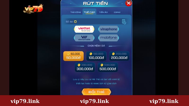 Rút tiền Vip79 bằng thẻ cào điện thoại