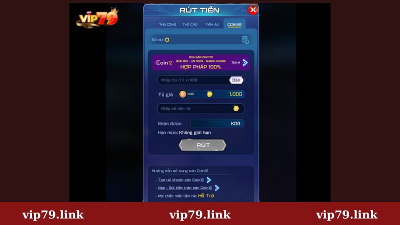 Rút tiền Vip79 qua ví tiền ảo
